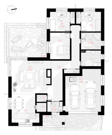 The project of a one-story house with a garage is called Edgaras. In this house a quadruped roof can be used by a family of 4 people.