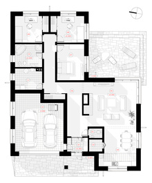 The project of a one-story house with a garage is called Edgaras. In this house a quadruped roof can be used by a family of 4 people.